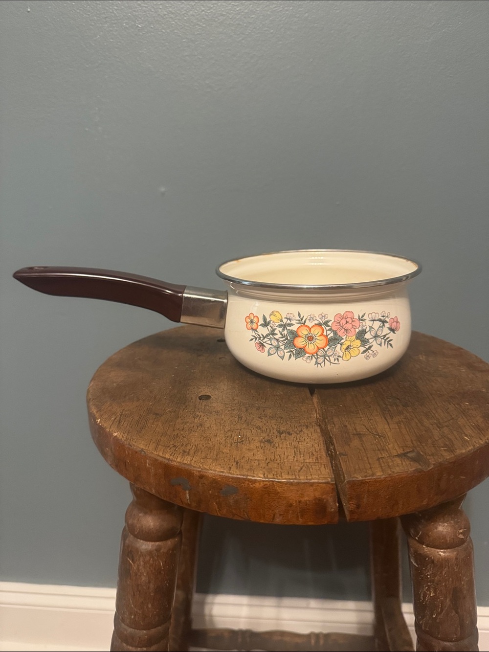 Vintage Cream Floral Enamel Saucepan with Brown Handle